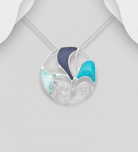 925 Sterling Silver Pendant Set Hand Set With Semi Precious Stone & Shell